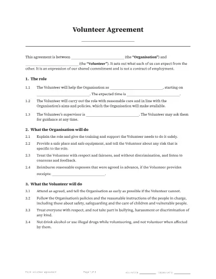 First page of the Volunteer agreement template