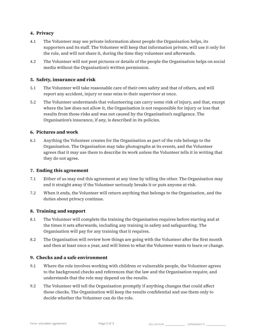 Page 2 of 3 of the Volunteer agreement template