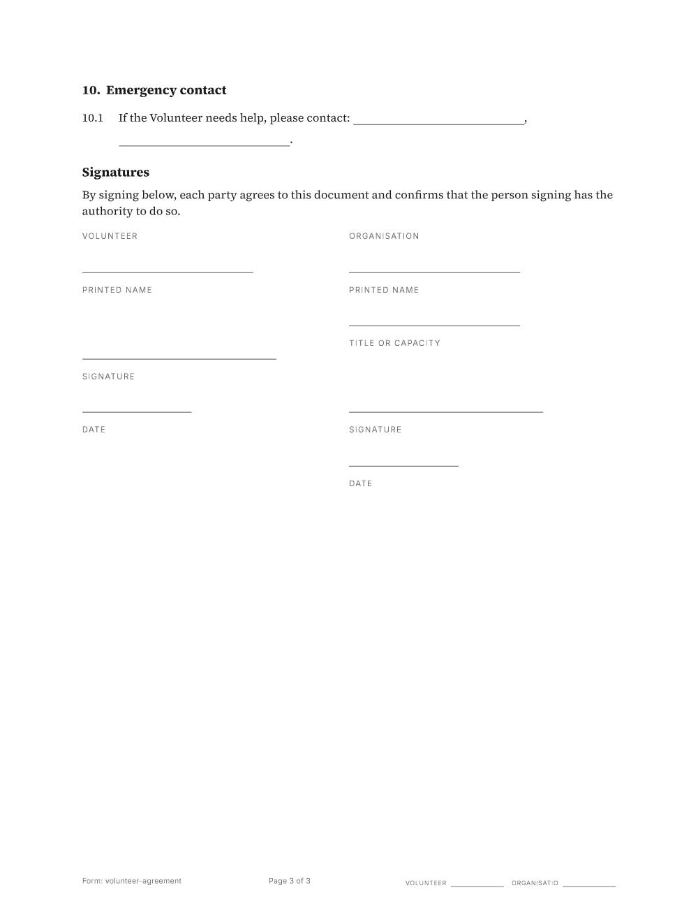 Page 3 of 3 of the Volunteer agreement template