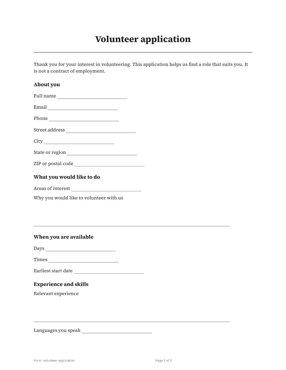 Page 1 of 2 of the Volunteer application template