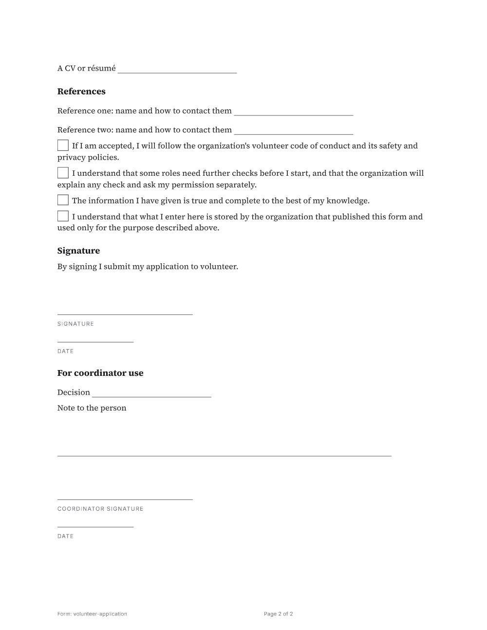 Page 2 of 2 of the Volunteer application template