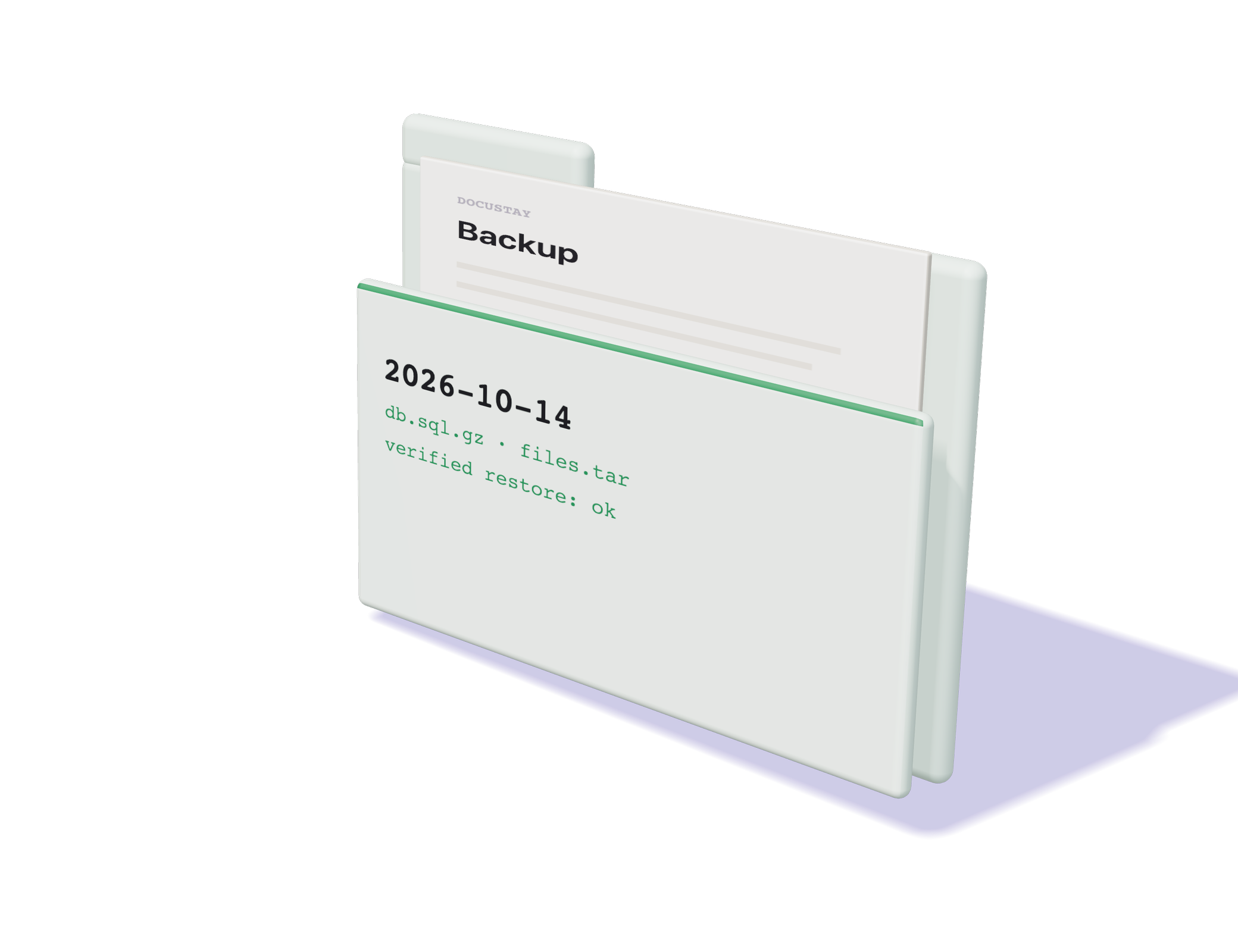 A backup folder dated 2026-10-14 with a database dump and a verified restore